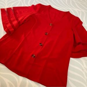 Red blouse with wide sleeves see-through stripes button up bust 38